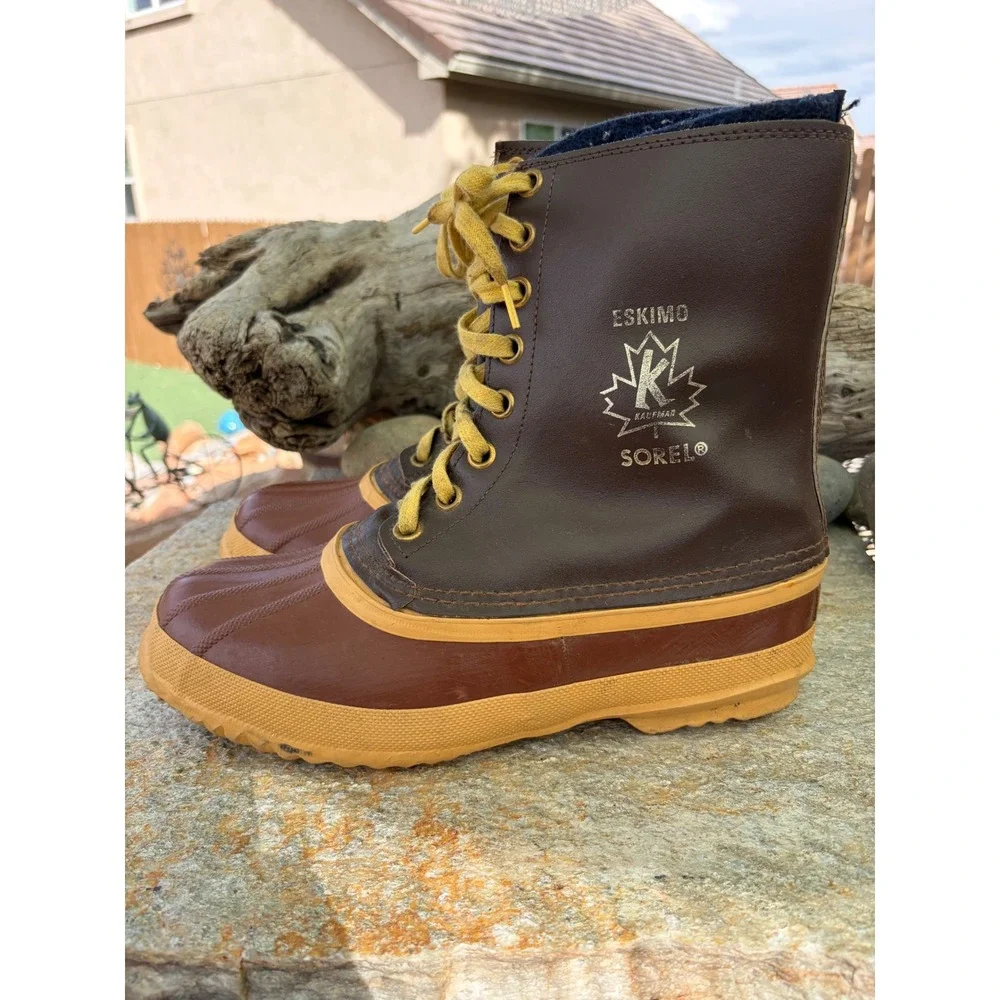 Vintage Sorel Kaufman Eskimo Pac Boots Mens Size 9 Brown Leather Wool Lined